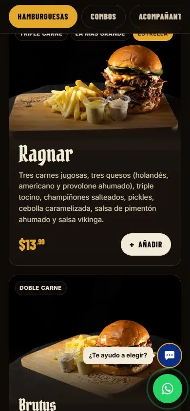 Web de Vikingas en celular: carta con botón Añadir